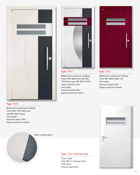 Type 1127 ModernLine – Multi-Colored Punto Glass ModernLine Aluminium Clad Door, Cream or Wine Red, Antique White Exotic Wood, Square Rosette Handle, Secure Entry, Custom RAL